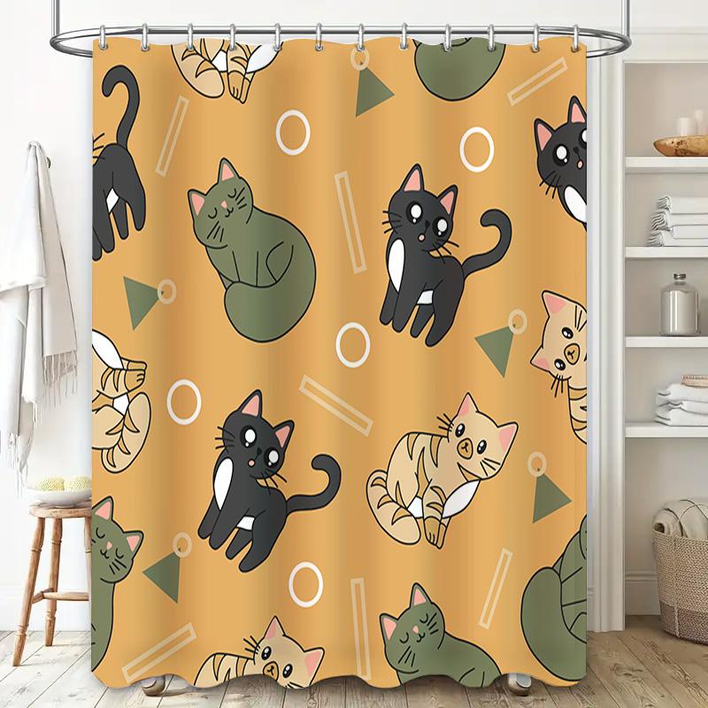 Whimsical Cats Shower Curtain: 3D Printed Polyester Fabric Design For Bathroom Decorations Cute Kitten Print In Green, Black, Or