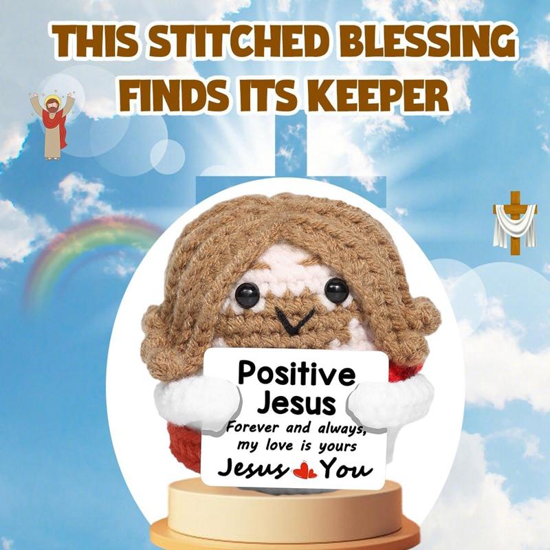 Positive Jesus Häkelpuppe mit Karte Lustige Emotionale Unterstützung Schreibtischornament Handgestrickte Figuren Geschenke Heimdekoration