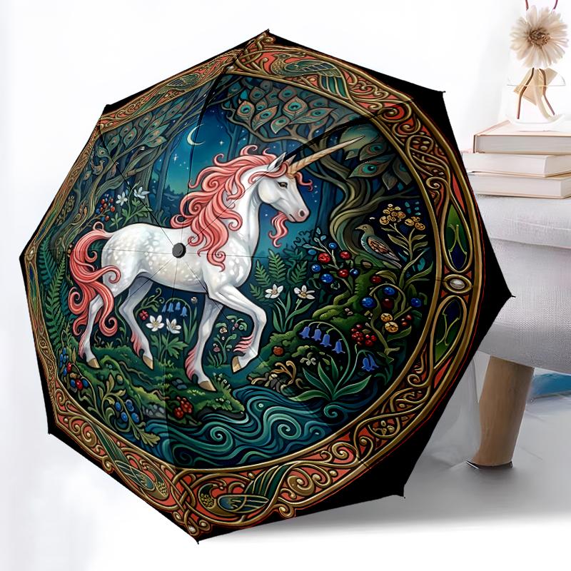 

1pc Sturdy 8-Bone Auto Umbrella, Orange Mane Unicorn Umbrella, Digital Printed, Foldable Umbrella for On-the-Go Outdoor Use