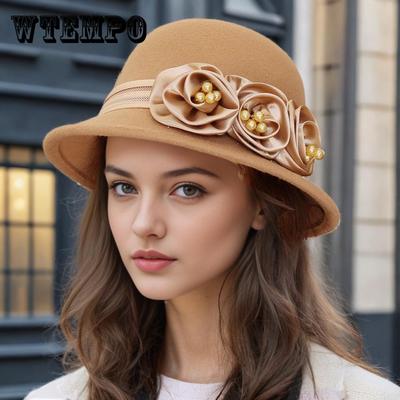 Top Hat Autumn and Winter Wool Bucket Hat British Retro Fashion Flower Lady Elegant Pot Hat