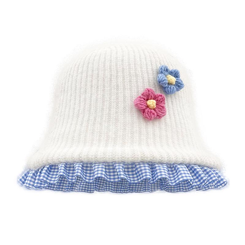 Sweet flower plush bucket hat women's autumn and winter warm versatile knitted hat showing face small wool hat tide