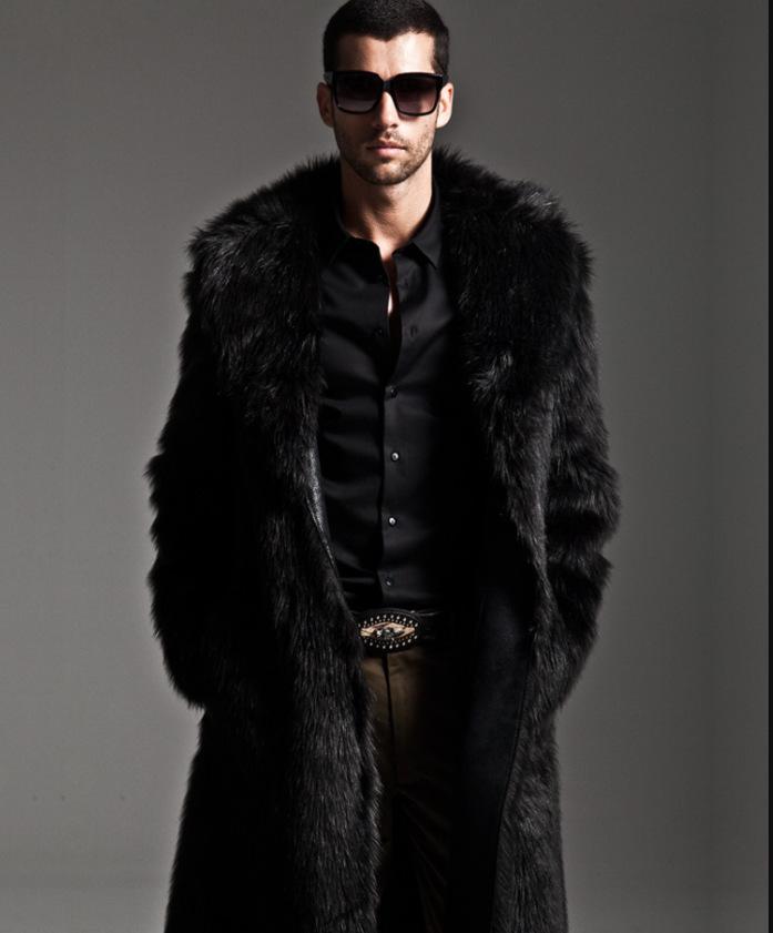Winter fur integrated jacket men's imitation fur long leather jacket imitation rabbit hair mink coat, slim fur collar medium thickening