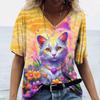 Women's T-Shirt Color Cat 3d Printing Short-Sleeved Fashion Casual Street V-Neck Oversized High-Quality Summer Women's Clothing