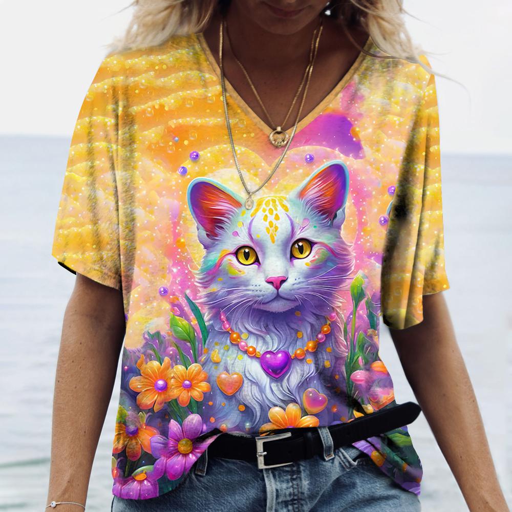 Women's T-Shirt Color Cat 3d Printing Short-Sleeved Fashion Casual Street V-Neck Oversized High-Quality Summer Women's Clothing