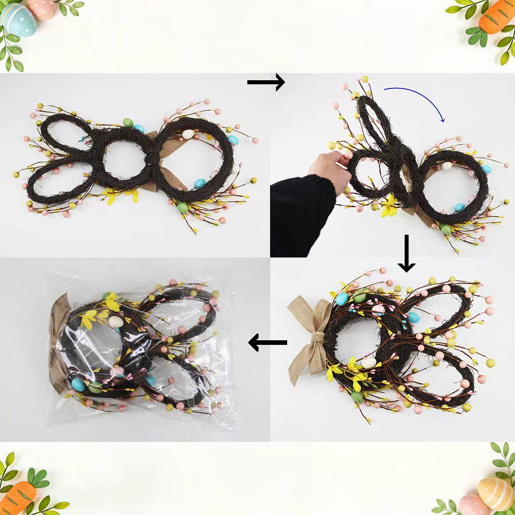 Easter Bunny Rattan Wreath Pendant: Forest-Style Egg Ring Door Hanger Wall Decor
