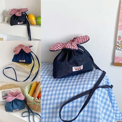 New Design Denim Bundle Pocket Flower Drawstring Bag Candy Color Multifunctional Checkered Flower Bucket Bag Casual Shoulder Bag