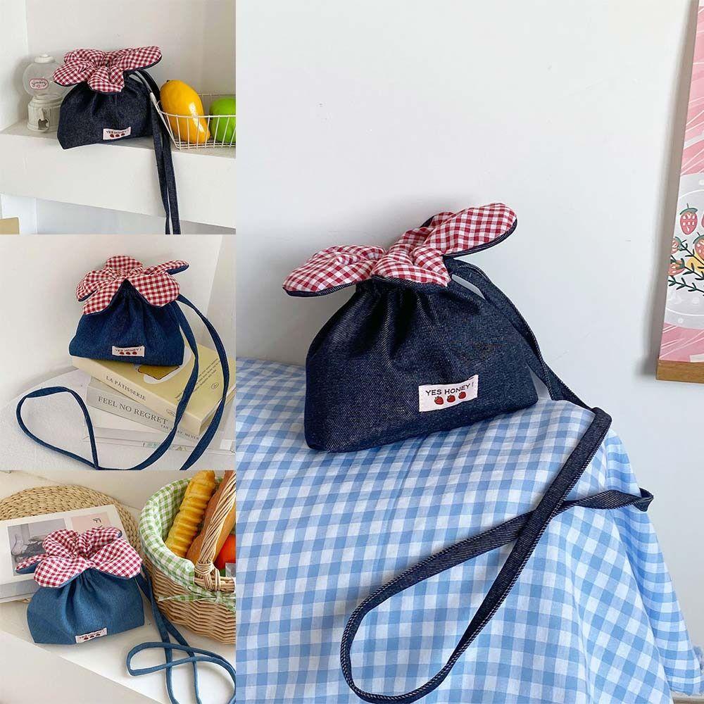 New Design Denim Bundle Pocket Flower Drawstring Bag Candy Color Multifunctional Checkered Flower Bucket Bag Casual Shoulder Bag