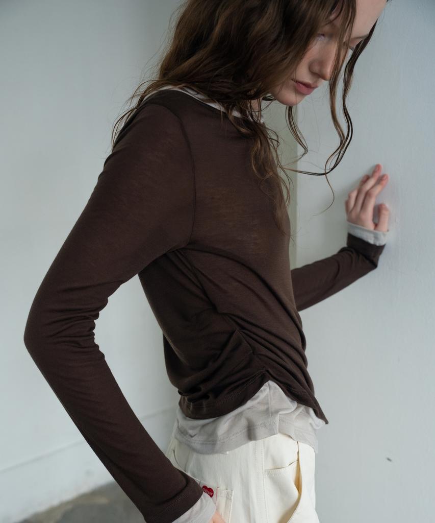 WAARFORWOMAN Wt-100 Color Block Shirred T-Shirt - Brown