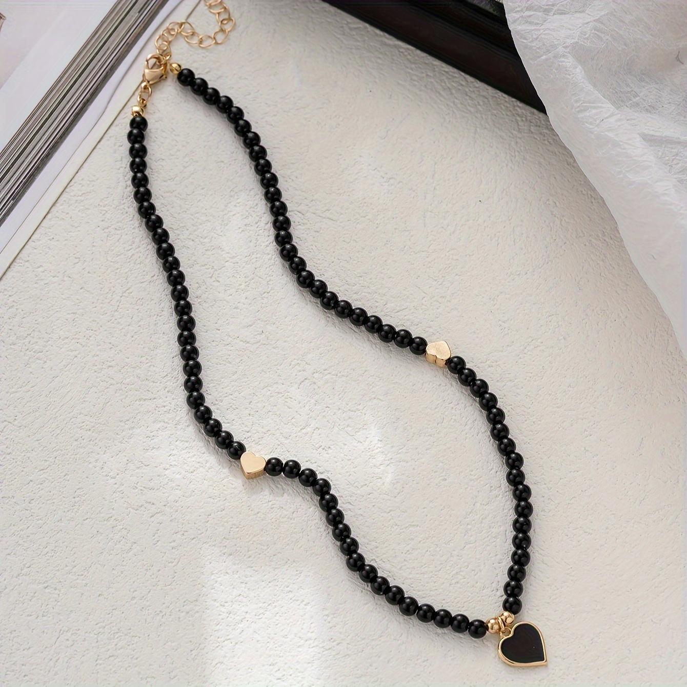 1pc Handmade Black Bead Necklace with Golden-Tone Heart Pendant - Bohemian Elegant Jewelry for Women, Party Festival Vacation Accessories, Year-Round