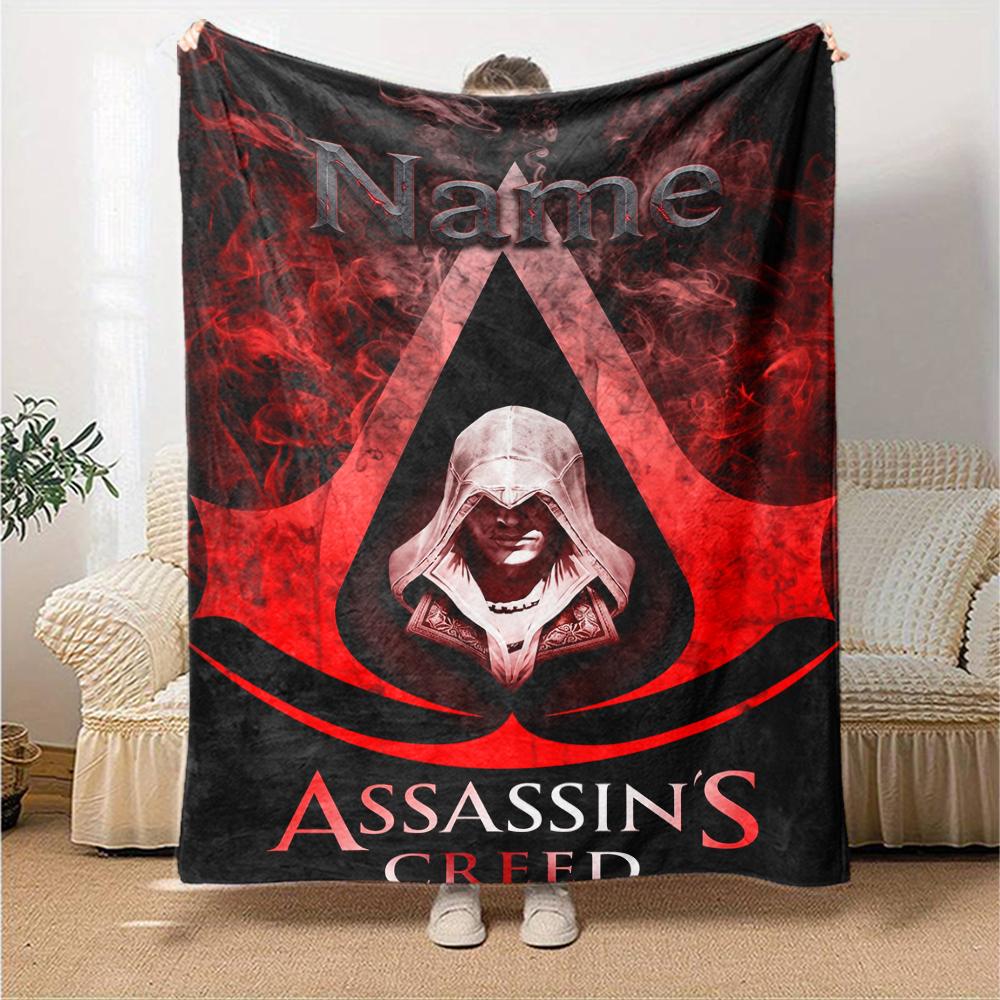 Koc z nadrukiem w stylu Assassin's Creed z imieniem na zamówienie Idealny na kanapę, łóżko, podróże, do użytku na zewnątrz Można prać w pralce Przytulny Trwały