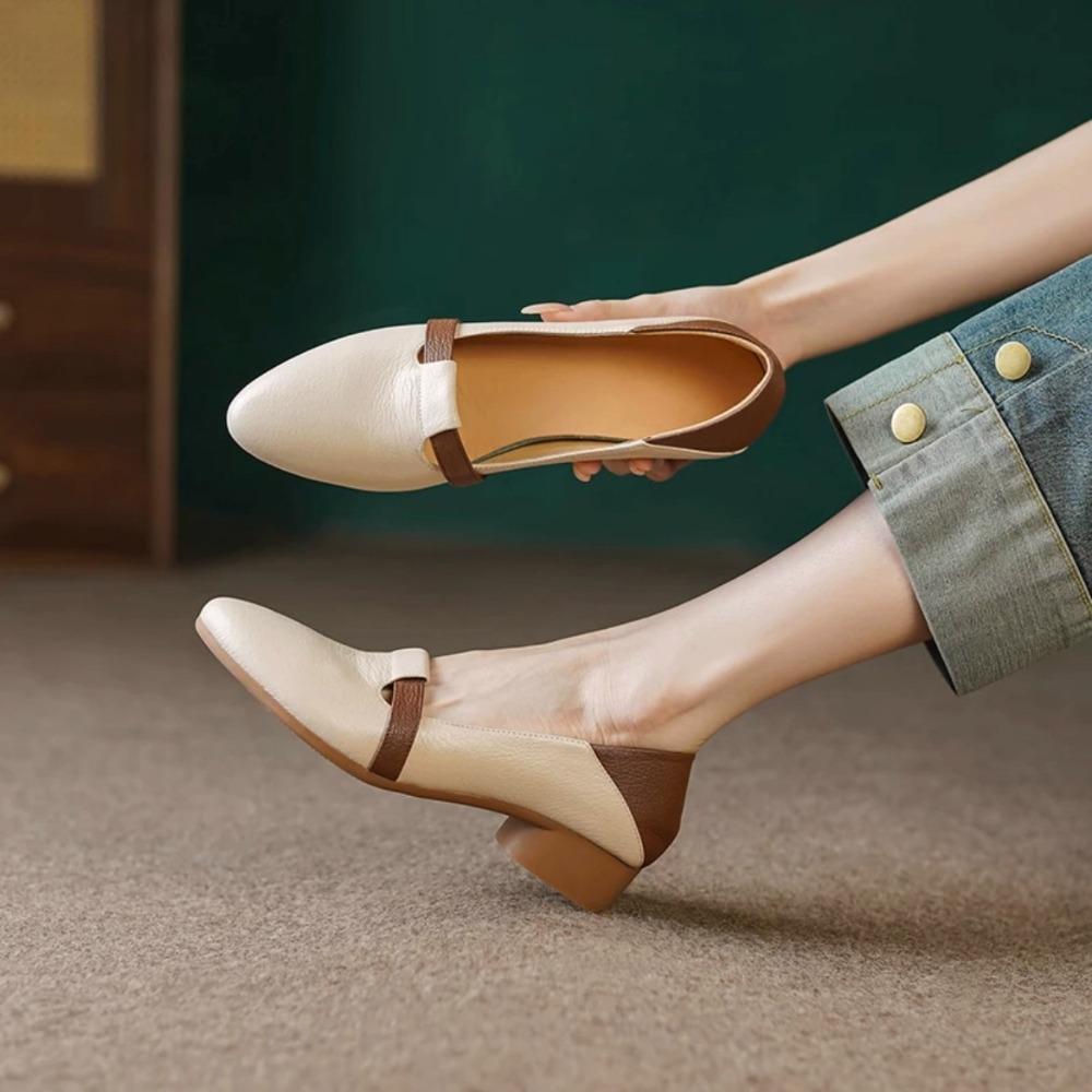 Fashion Pumps Women Autumn New Comfortable Versatile Chunky Heel Soft Leather Soft Sole Non-Tiring Slip-On Pointed Toe Low Heel Shoes