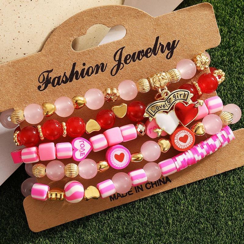 Valentine's Day Bracelet Multi-layer Stacked Pink Love Pendant Bracelet Soft Pottery Beaded Elastic Bracelet