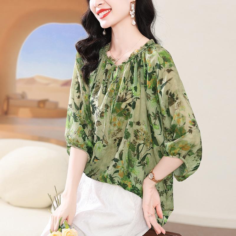 Women Plus Size Summer Chiffon Top Thin Age Reducing Floral Green Blouse