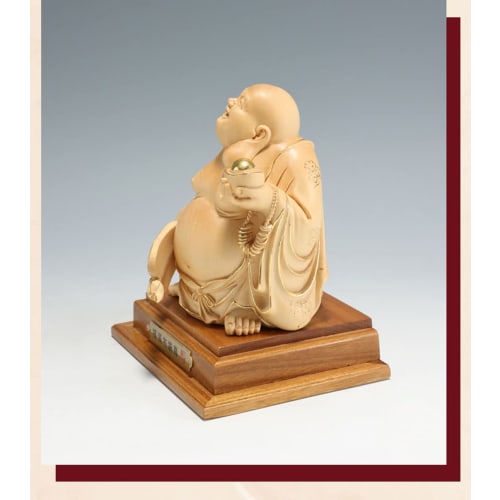 High-quality wooden carved Buddhist statue of Hotei made from cypress wood (15cm high x 11cm wide) - a good luck charm