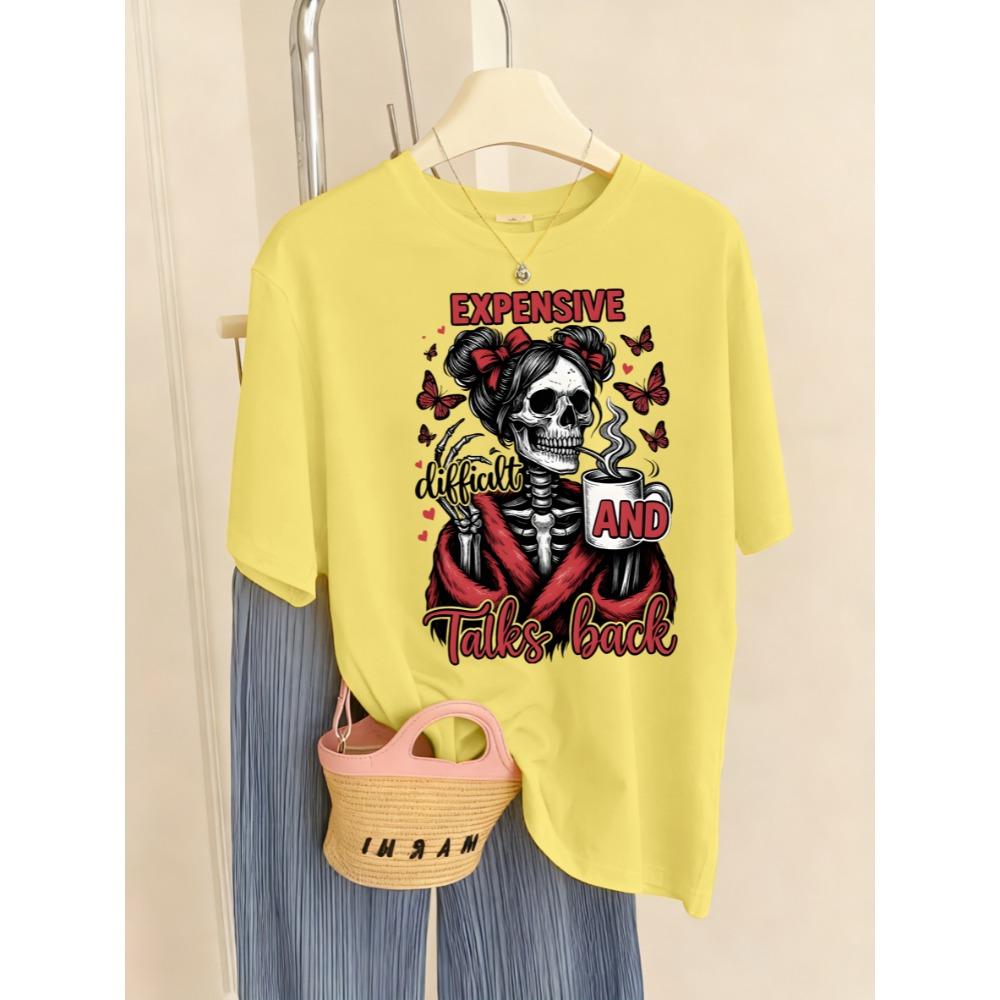 Expensive Talks Back Coffee Butterfly Skulls Print T Shirt Women Summer O-Neck T-Shirts Y2K Soft Short Sleeve Casual Top