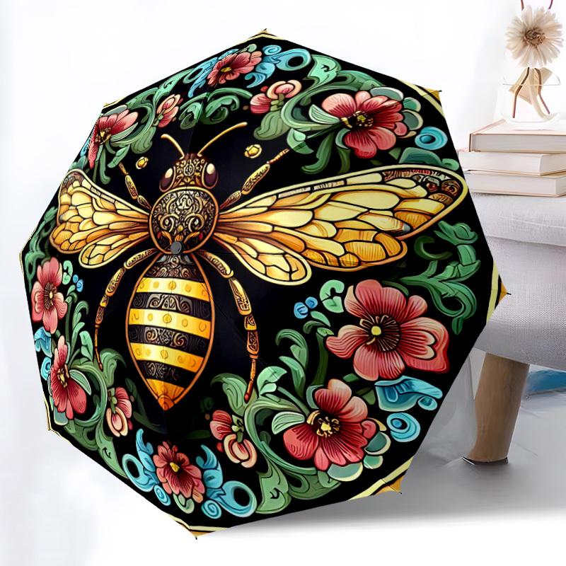 1pc Bee Floral Automatic Folding Umbrella Compact Lightweight Travel Umbrella with 8-Rib Sturdy Frame, Windproof & Self007