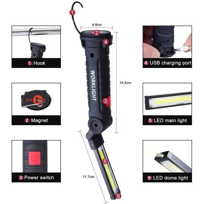 Lampe de Travail - LED - Rechargeable - 800LM - 5 Modes - Imperméabilisante