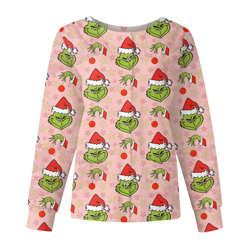 Women's Casual Fashion Long Sleeve Standing Collar Single Breasted Christmas Print Workwear Jacket Tops