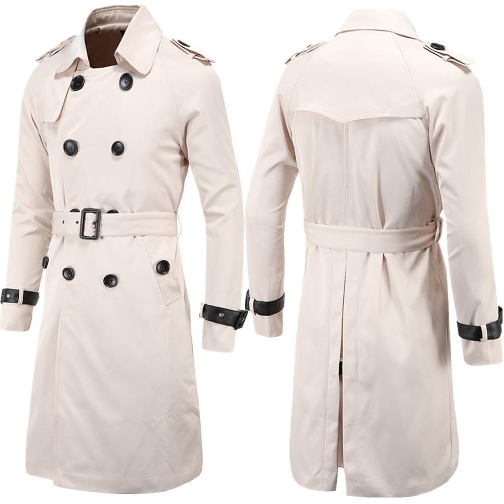 Mens Spring Autumn Windbreak Overcoat Long Trench Coats with Belt Male Pea Coat Double Breasted Solid Outerwear