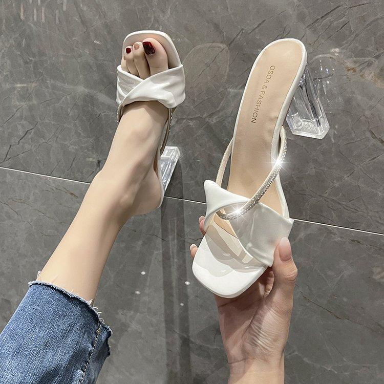 

Літні нові кришталеві туфлі на товстому високому підборі, жіночі сандалі, модне вуличне взуття, казкові, сексуальні, кришталеві, прохолодні шльопанці для жінок 39