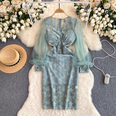 French Vintage Dress Elegant Lace Dresses  Women 2024 New Perspective Mesh Bubble Sleeves Spliced Slim Fit Bodycon
