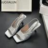 Fashion SUOJIALUN 2025 New Brand Women Sandal Shoes Fashion Square Toe Slip On Gladiator Shoes Thin High Heel Ladies Elegant Pumps Shoes
