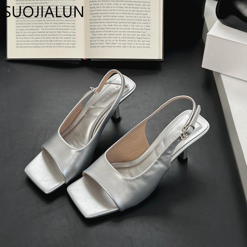 Fashion SUOJIALUN 2025 New Brand Women Sandal Shoes Fashion Square Toe Slip On Gladiator Shoes Thin High Heel Ladies Elegant Pumps Shoes