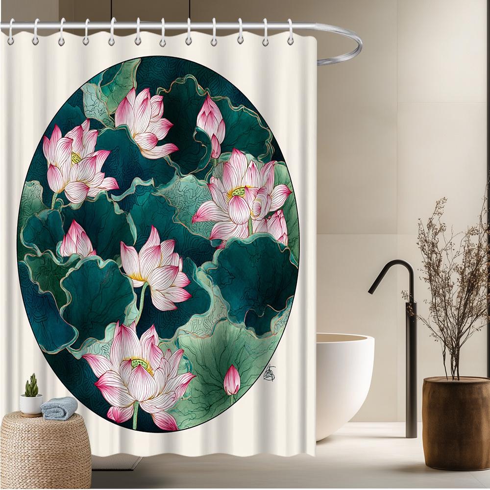 

Lotus Flower Shower Curtain – Pink & Green Water Lily, Waterproof Polyester, 72X72 / 72X84 / 90X72 Inch, Asian Decor W60H190(CM)-1 Pcs