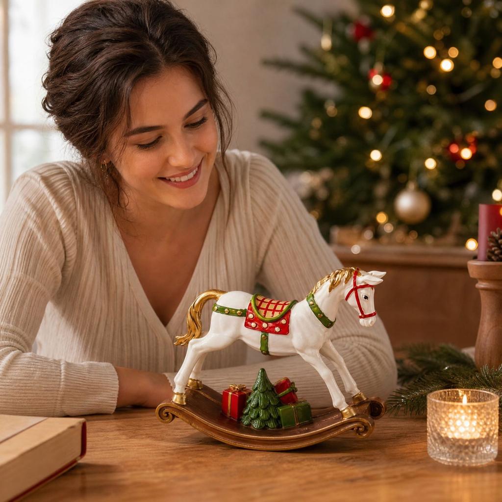 Christmas Decoration Resin Rocking Horse Figurine for Home Decor, Holiday Tabletop Ornament