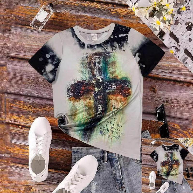 

Summer Casual Round Neck 3D Cross Print Short Sleeved Trendy Women s T-shirts S