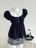 Summer 2026 Women's Polka Dot Puff Sleeve French Square Neck Slim Waist Top
