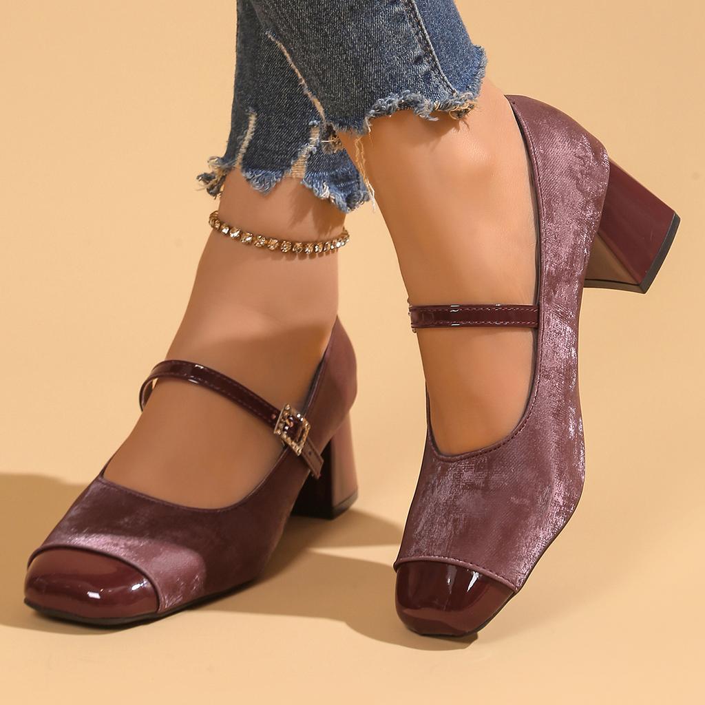 Frühling 2025 Mary Jane Schuhe mit eckiger Spitze, Slipper, Farbblock, rutschfeste Absätze, mittelhoher Absatz, dicker Absatz, Damenschuhe, Polyurethan