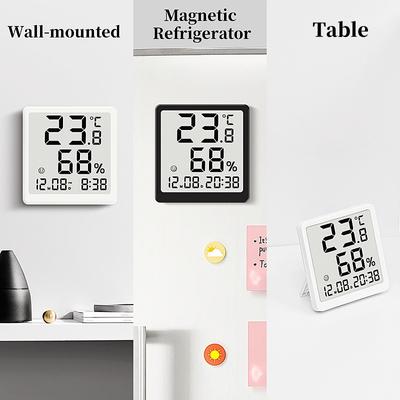 Mini Tragbarer Digitaler Schreibtischwecker TEMPERATUR Luftfeuchtigkeit Datum Batteriebetrieben Tischuhr 12/24H Magnetischer Kühlschrank LCD Wanduhr