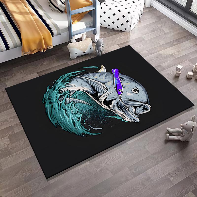 Fishing Theme Carpet with Jumping Fish, Waves, and Lure Design Suitable for use as an anti-slip for living room bedroom sofas
