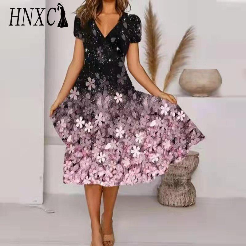 HNXC Übergröße V-Ausschnitt Midi-Kleid Kurzarm Hoher Saum Lässig Bunt Blumendruck Kleid