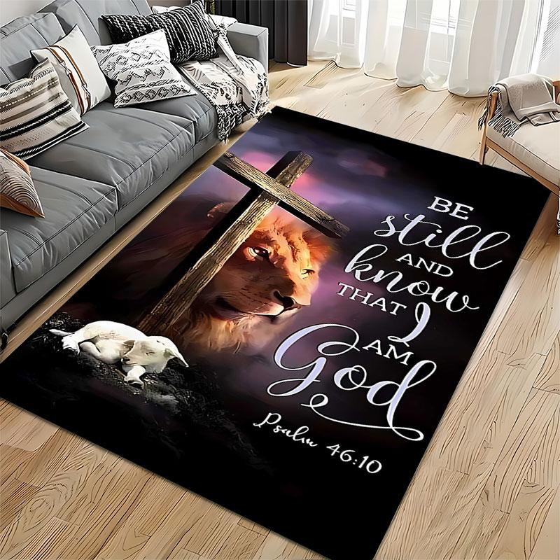 Lion, Cross, and Psalm Design suitable as a non-slip mat for the living room or bedroom sofa