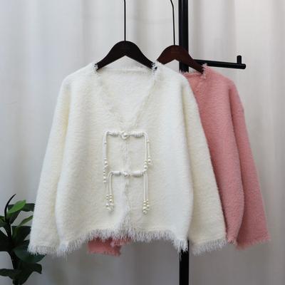 2025 Autumn and Winter New Imitation Mink Velvet Chinese Pearl Disc Buckle Knitted Cardigan Small Fragrant Fringed Sweater Jacket Tide