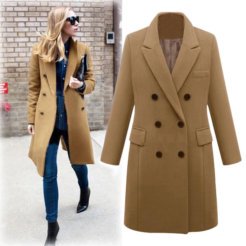 Damen Winter Revers Wollmantel Trenchcoat Lange Mantel Outwear