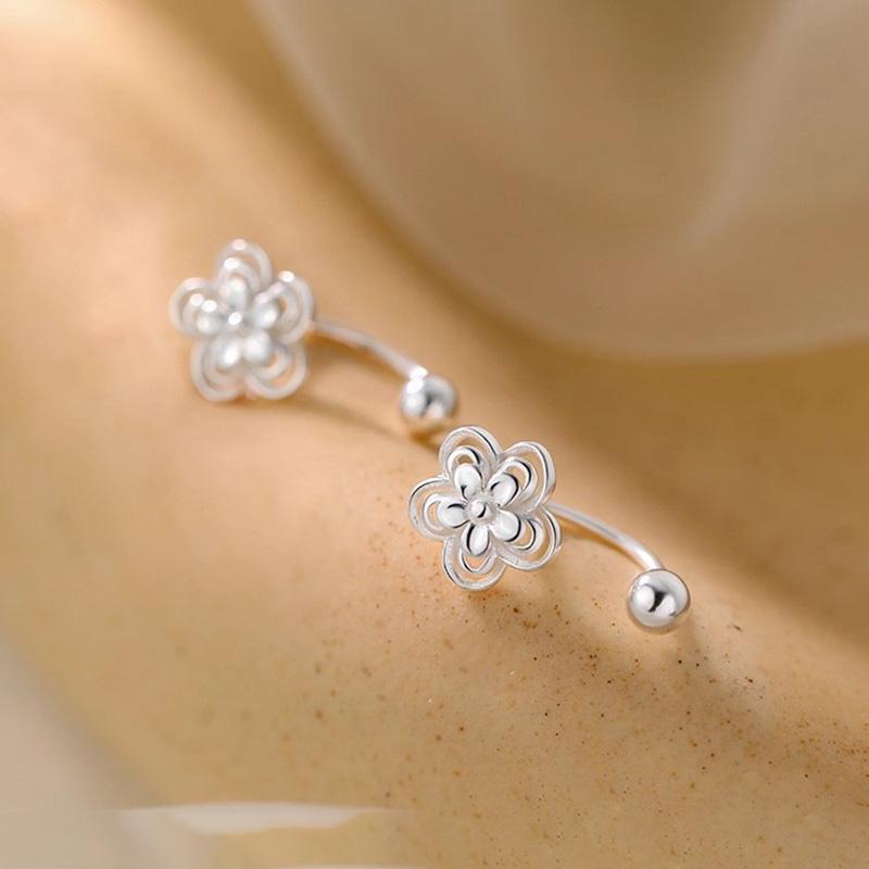 Real 925 Silver Lace Flower Bead Screw Stud Earrings For Women Party Classic Fine Jewelry Light Accessories
