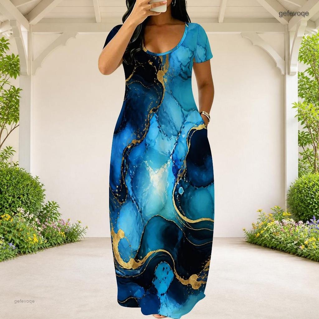 Women Plus Size Round Neck Short Sleeve Black Floral Tree Print Loose Long Dress With Side Pockets