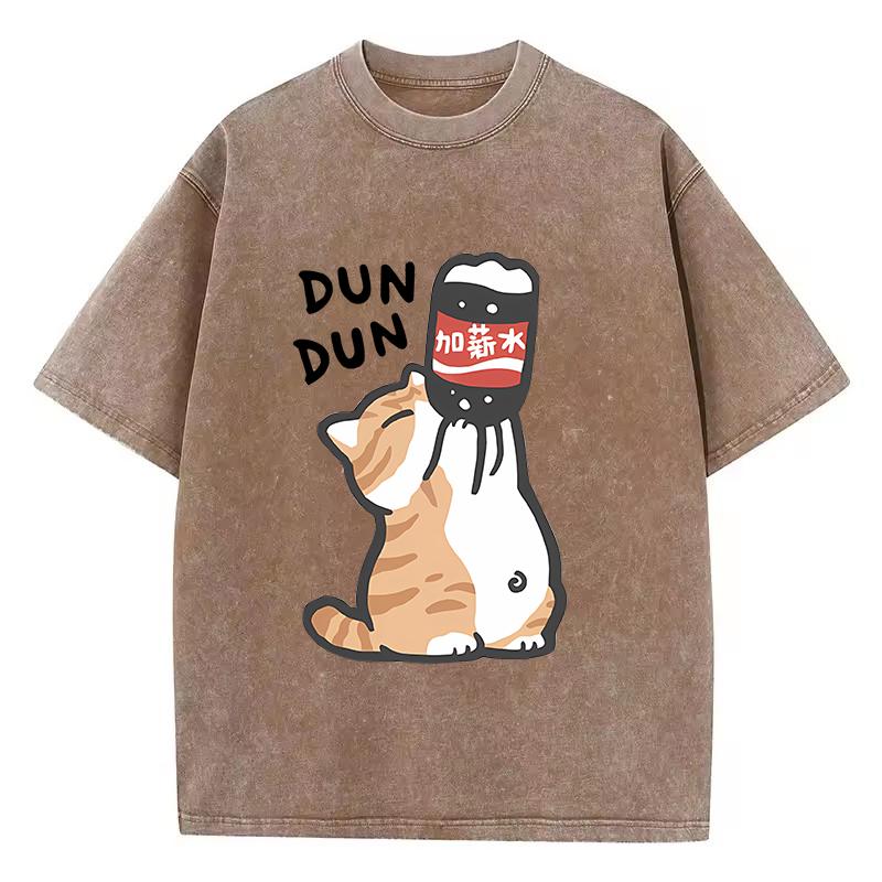Manga Retro Washed Cotton T-Shirt Cat Chinoiserie Style Vintage Top Tee Casual Streetwear Men Women Unisex T Shirt