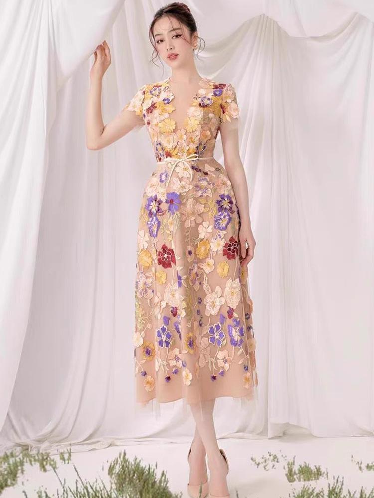 Colorful Flower Embroidery V-Neck Short-Sleeve Dress by Vietnamese Designer