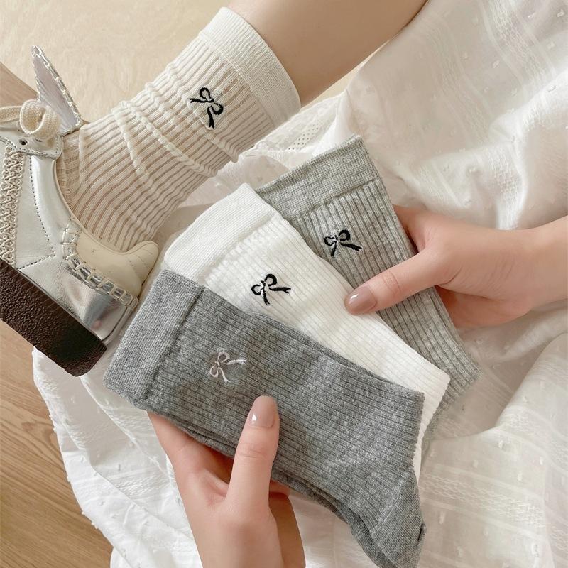 Bow Ultra-Thin Medium Tube Socks Solid Color Cotton Breathable Mesh Socks Ballet Style Stacking Socks