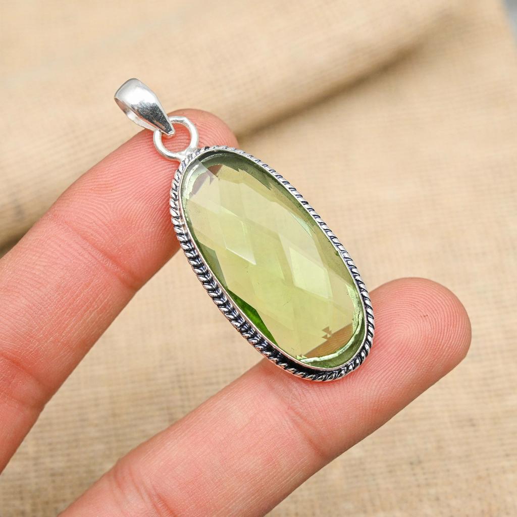 Green Amethyst Gemstone Handmade 925 Sterling Silver Pendant Jewelry For Christmas