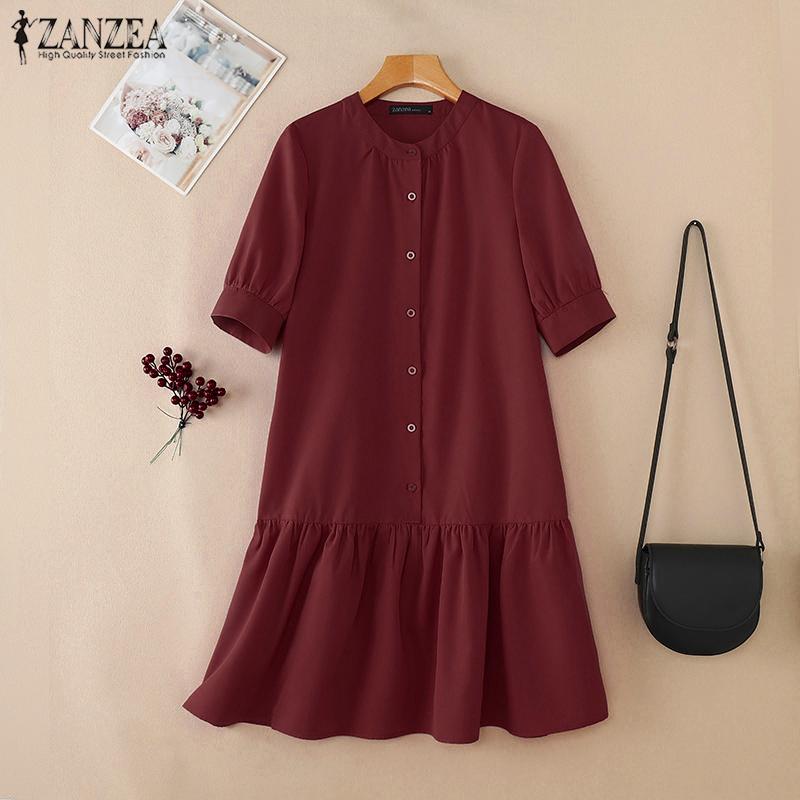 ZANZEA Women Casual Round Neck Summer Loose Short Sleeve Dress