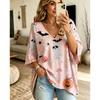 Halloween Printed T-shirt, Pumpkin Lantern Ghost T-shirt, Plus Size Women's V-neck Bat Sleeve Seven Quarter Sleeve Casual Top
