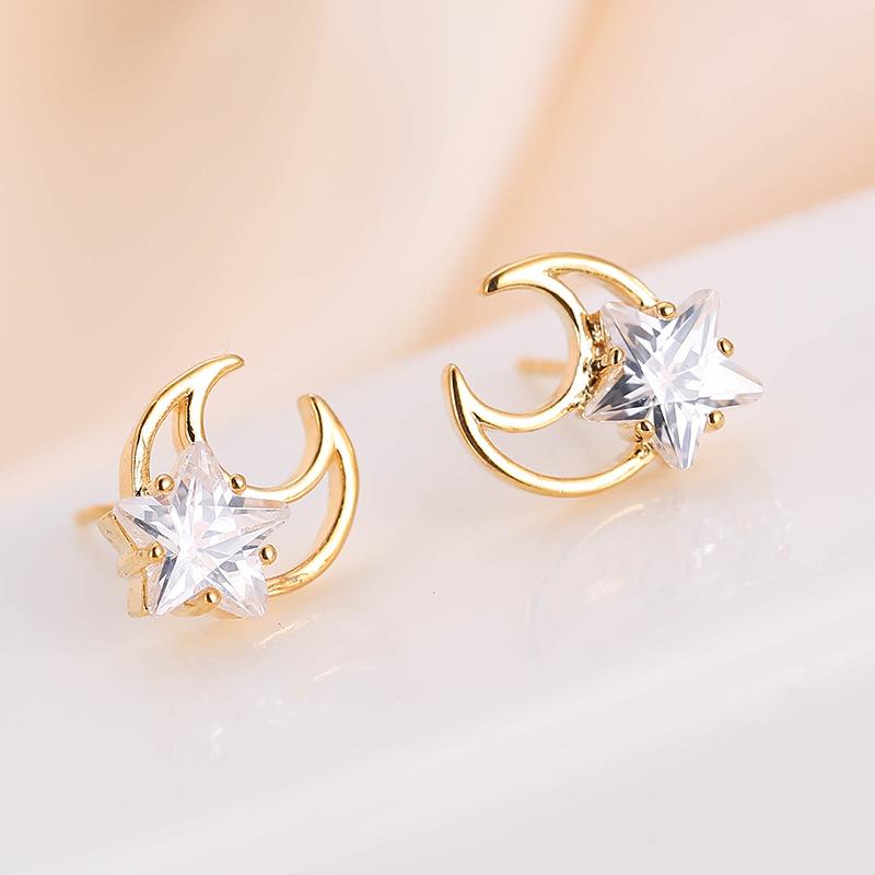 Women’s Star & Moon Rhinestone Copper Earrings – Small, Elegant, In-Stock