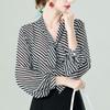 Elegant Fashion New Wild Bow Neck Chiffon Women's Spring Autumn Loose Lantern Sleeve Thin Tops Striped Graceful Blouses