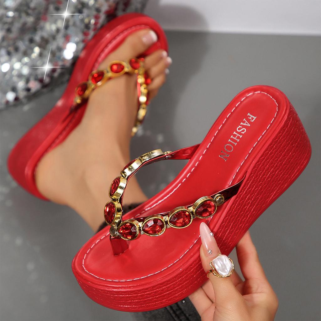 Women Bohemian Platform Wedge Sandals Rhinestone Thick Sole High Heel Slip On Summer Footwear Fashion Style