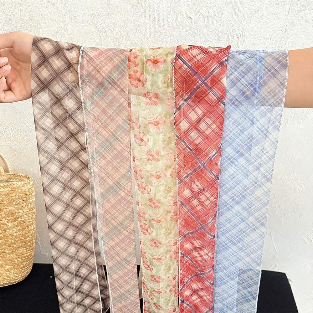 Long Striped Checkered Silk Scarf for Women Lattice Women Summer Scarf New Neck Scarf